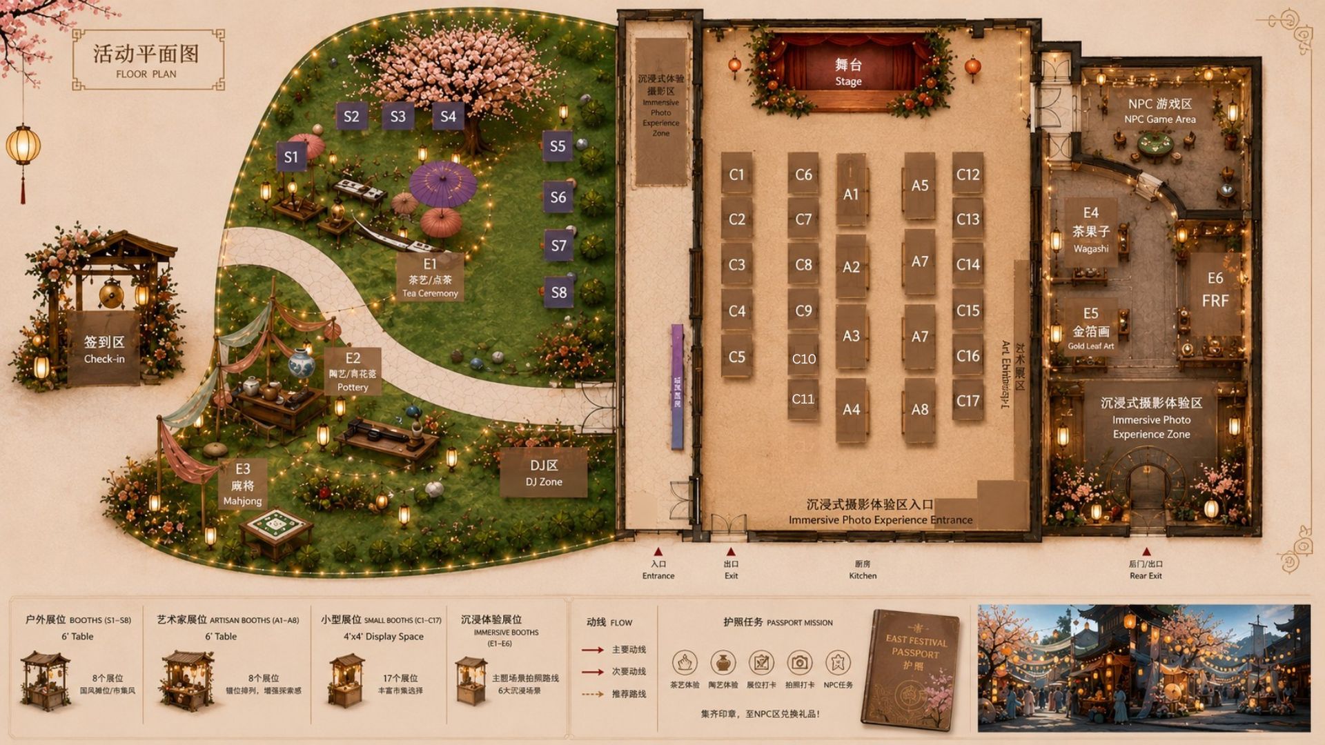 EAST Immersive Arts Bazaar venue map showing outdoor experience area, main hall, and side room layout