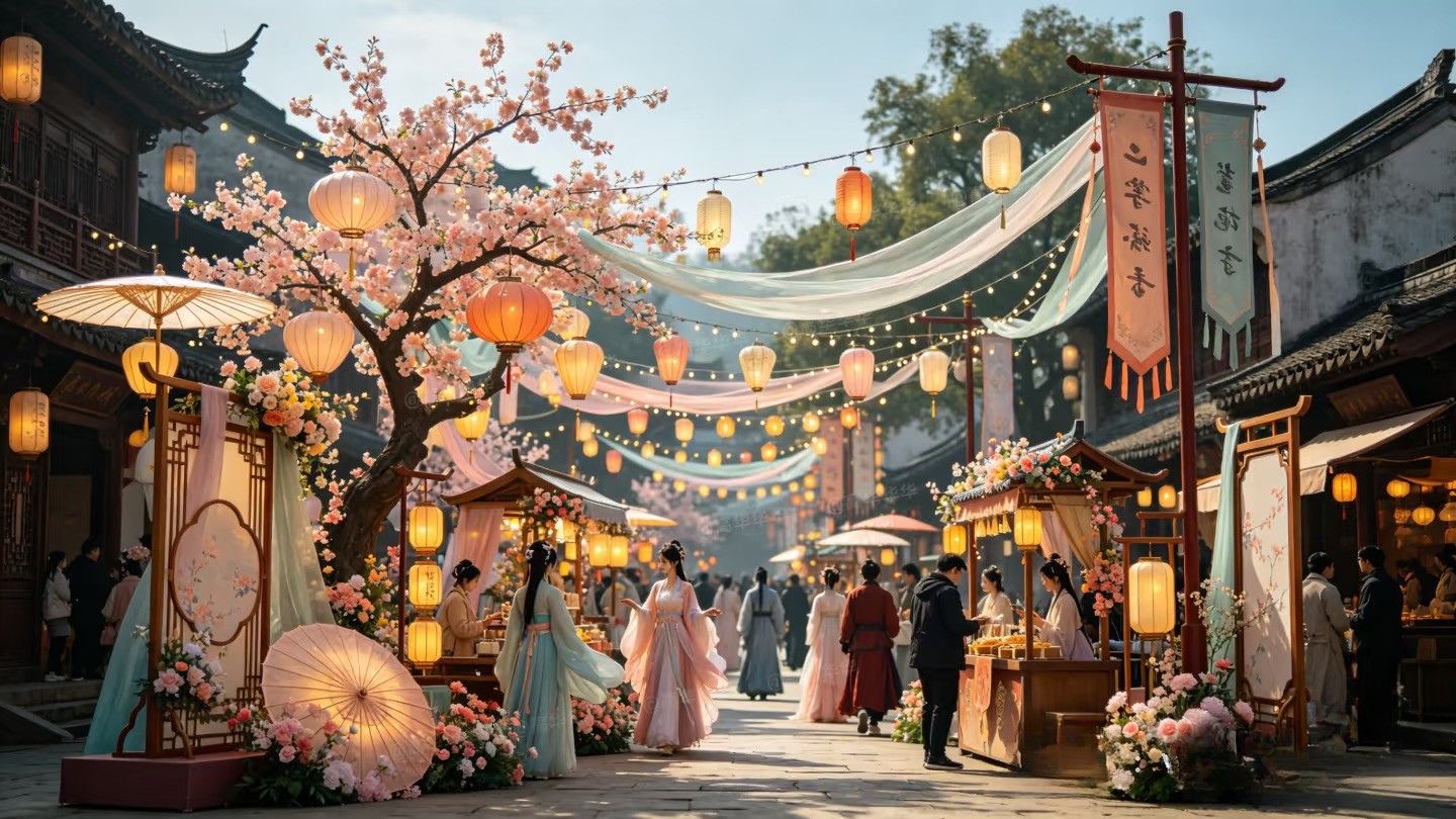 Vibrant Asian cultural festival scene with lanterns and art